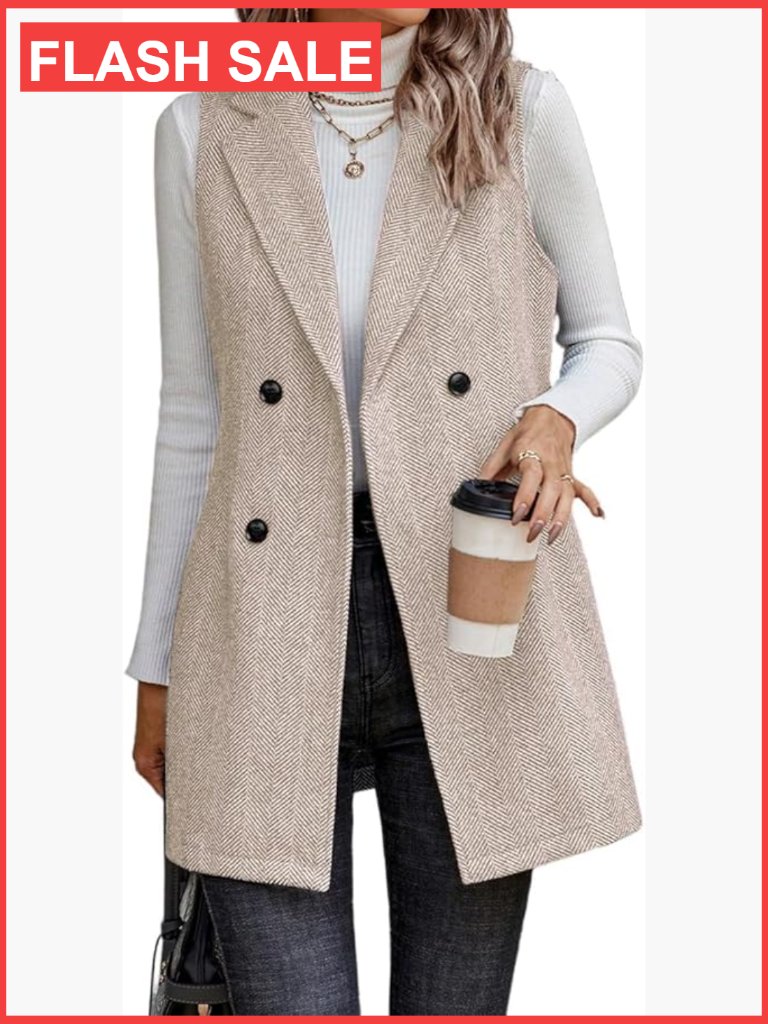 Sleeveless Tweed Blazer Vest For Women Double Breasted Long Cardigan Outerwear